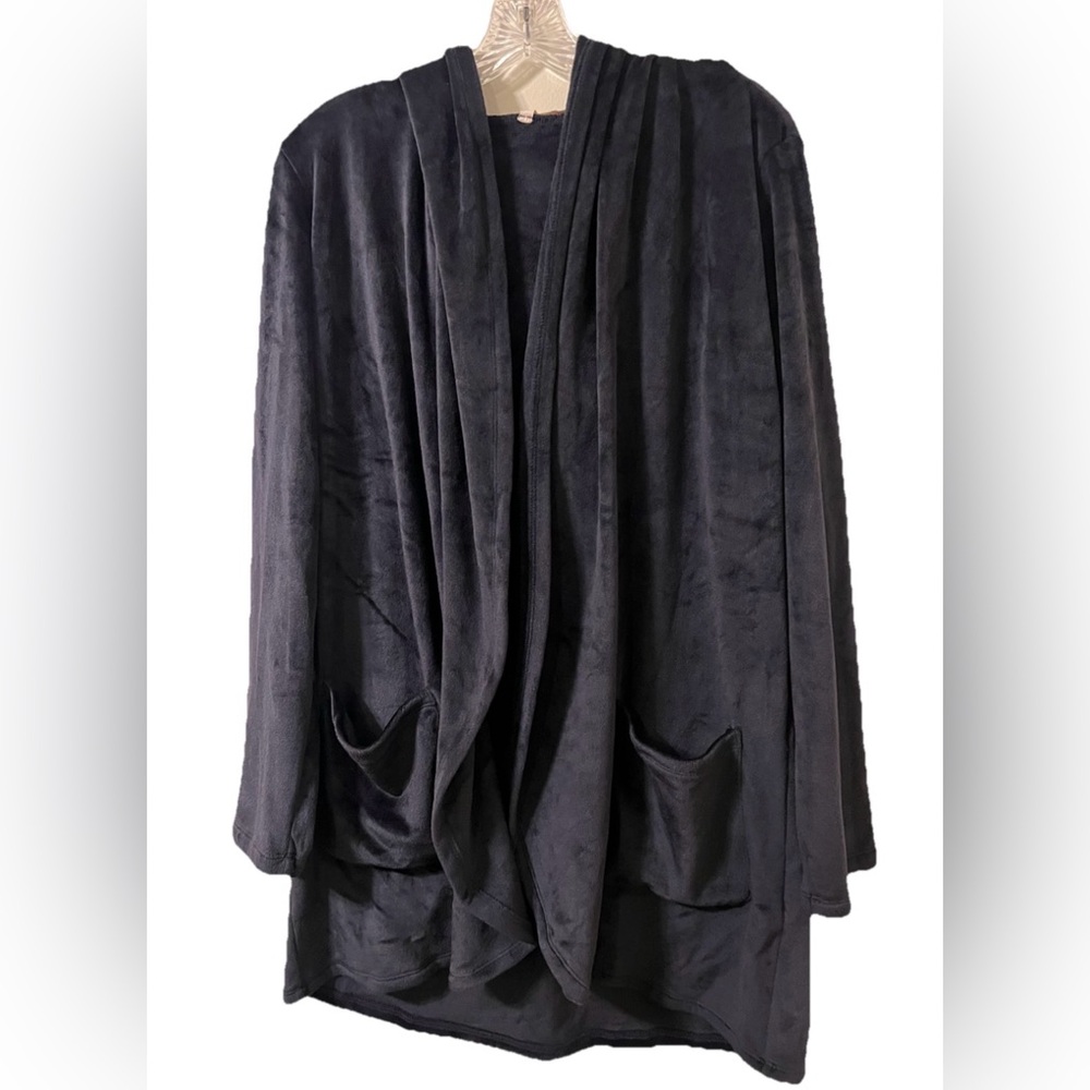 Soft Surroundings Hooded Velour Open Cardigan Women’s XS Pockets Black Cozy Soft